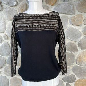 Chaps Classics vintage sweater, black & metallic knit boatneck with 3/4 sleeve